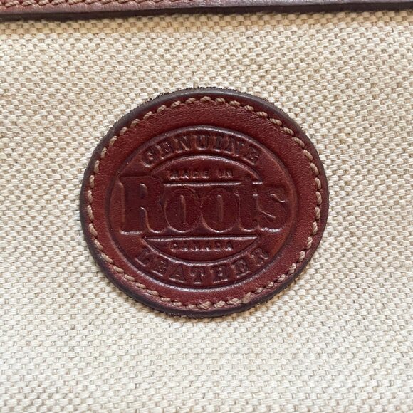 VTG Roots Red Brown Leather Cream Woven Canvas Crossbody Purse Bag - Picture 7 of 9